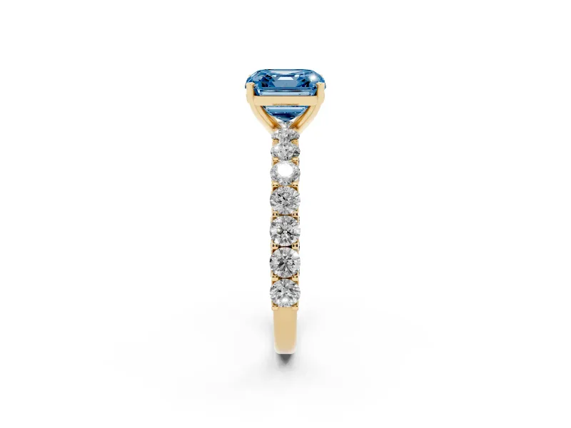 Fancy Blue Asscher Cut Diamond Solitaire Ring Set in Yellow gold with Shared Prong Pavé Band