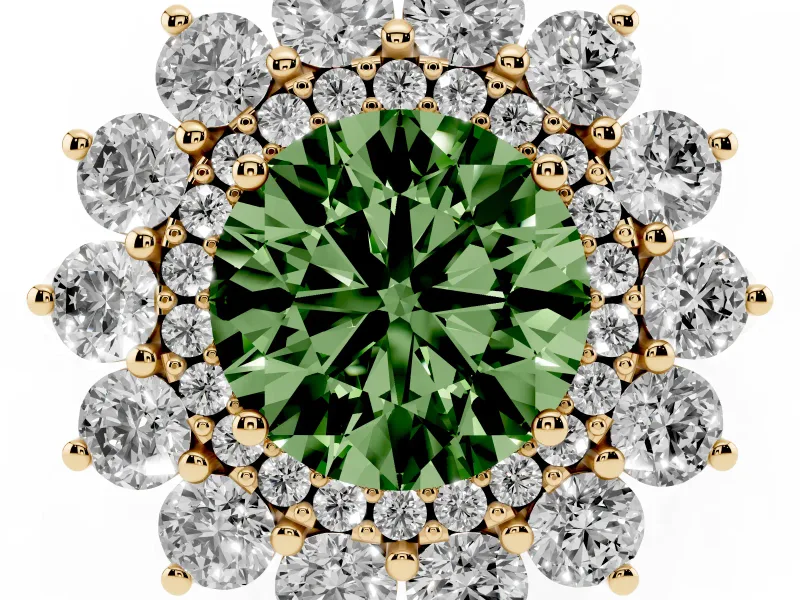Round Floral Double Halo Engagement Ring Setting for a Fancy Green Lab-Grown Diamond | Plain Band | Yellow Gold