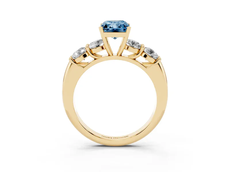 Radiant Cut Five Stone Engagement Ring Setting for a Fancy Blue Lab-Grown Diamond | Prong Set Side Stones | Yellow Gold