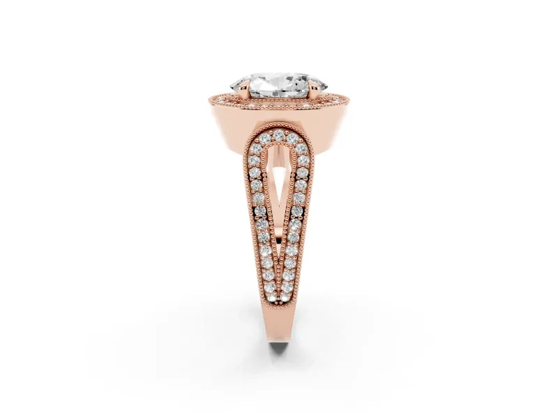 Oval Vintage Milgrain Halo Engagement Ring Setting | Open Loop Pave Shoulders | Rose Gold