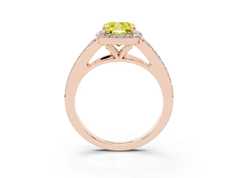 Cushion Cut Halo Engagement Ring Setting for a Fancy Yellow Lab-Grown Diamond | V-Split Pavé Band | Rose Gold