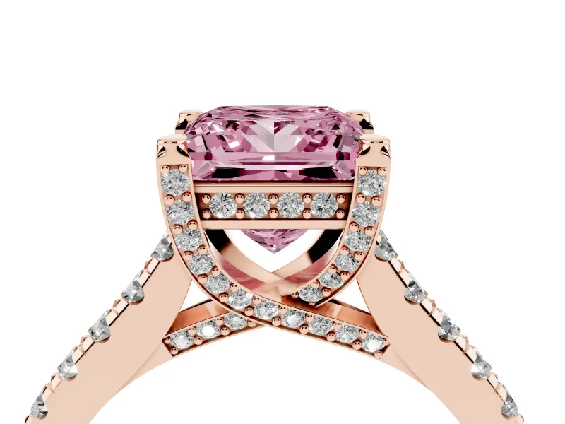 Princess Cut Hidden Halo Pave Engagement Ring Setting for a Fancy Pink Lab-Grown Diamond | Claw Prongs | Rose Gold