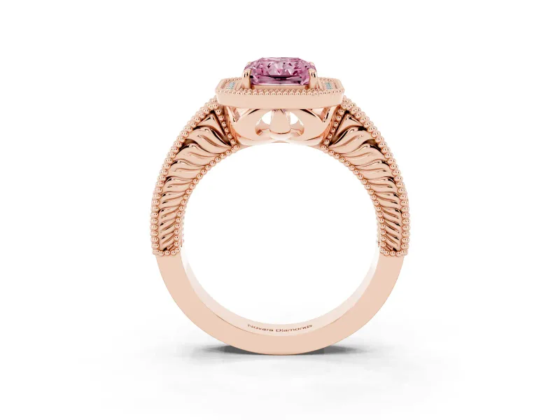 Fancy Pink Radiant Cut Diamond Halo Ring Set in Rose gold with Round Accent Halo, Pavé Band and Prong Setting