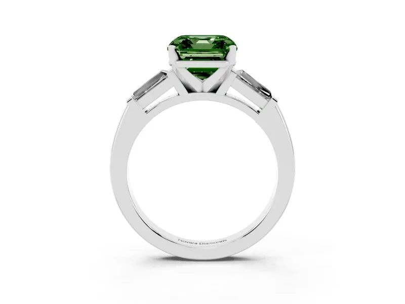 Fancy Green Asscher Cut Diamond Solitaire Ring Set in Platinum with Tapered Baguette Side Stones and Prong Setting
