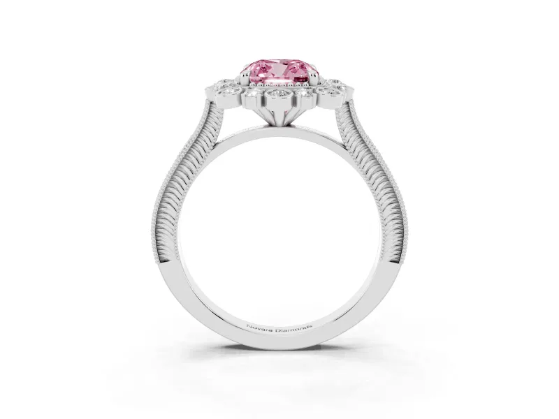 Fancy Pink Cushion Cut Diamond Halo Milgrain Pavé Ring Set in White gold with Prong Setting