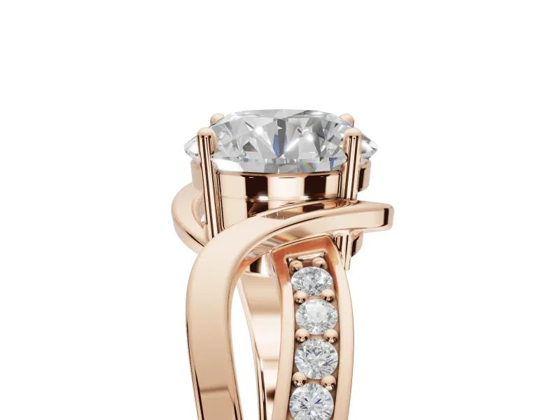 Round Bypass Solitaire Engagement Ring Setting | Pavé and Plain Strands | Rose Gold