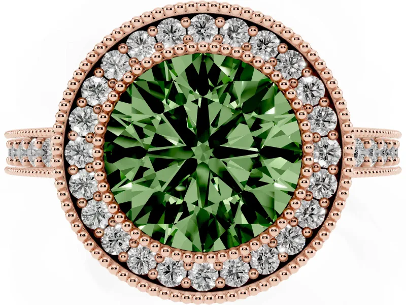 Round Milgrain Halo Engagement Ring Setting for a Fancy Green Lab-Grown Diamond | Pave Band | Rose Gold