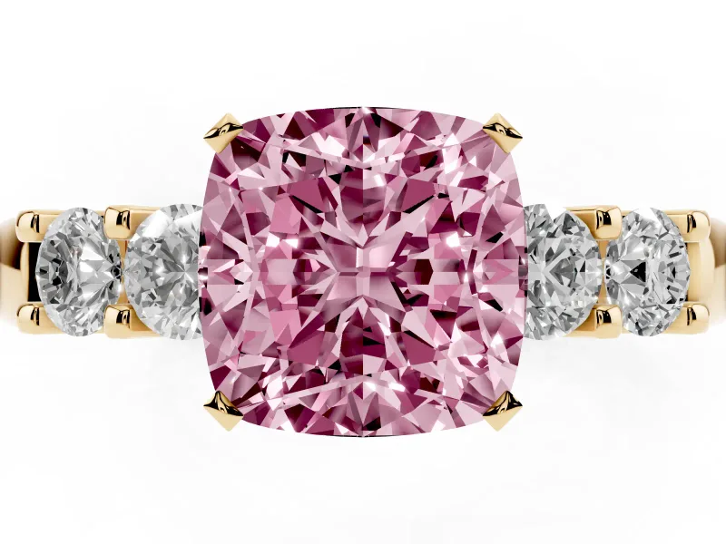 Cushion Cut Five Stone Engagement Ring Setting for a Fancy Pink Lab-Grown Diamond | Yellow Gold