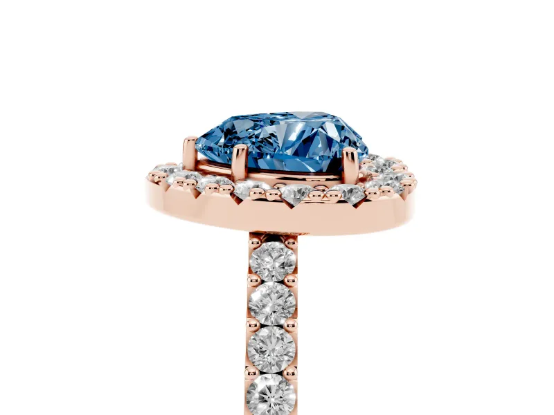 Fancy Blue Heart Cut Diamond Halo Pavé Solitaire Ring Set in Rose gold with Prong-Set Center Stone