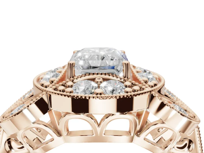 Radiant Cut Vintage Floral Halo Engagement Ring Setting | Engraved Milgrain Band | Rose Gold