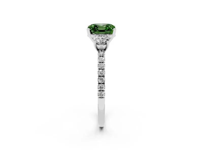 Asscher Cut Three Stone Engagement Ring Setting for a Fancy Green Lab-Grown Diamond | Pave Shoulders | Platinum