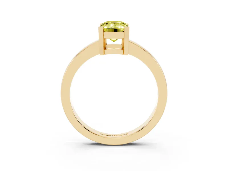 Fancy Yellow Emerald Cut Diamond Solitaire Ring Set in Yellow gold with Prong Head and Smooth Polished Band