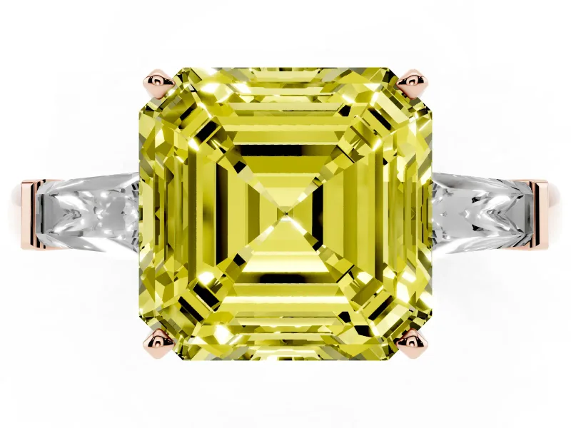Fancy Yellow Asscher Cut Diamond Solitaire Ring Set in Rose gold with Tapered Baguette Side Stones and Prong Setting