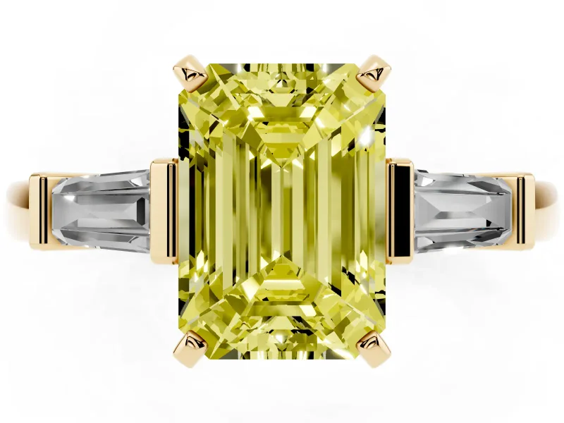Fancy Yellow Emerald Cut Diamond Solitaire Ring Set in Yellow gold with Tapered Baguette Accents and Prong Setting