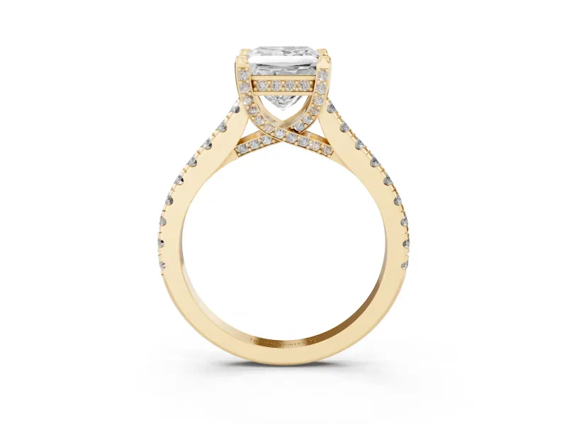Princess Cut Hidden Halo Pave Engagement Ring Setting | Claw Prongs | Yellow Gold