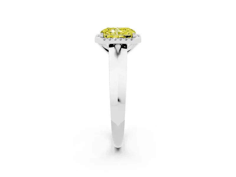Fancy Yellow Radiant Cut Diamond Halo Ring Set in Platinum with Cathedral Band and Prong Setting