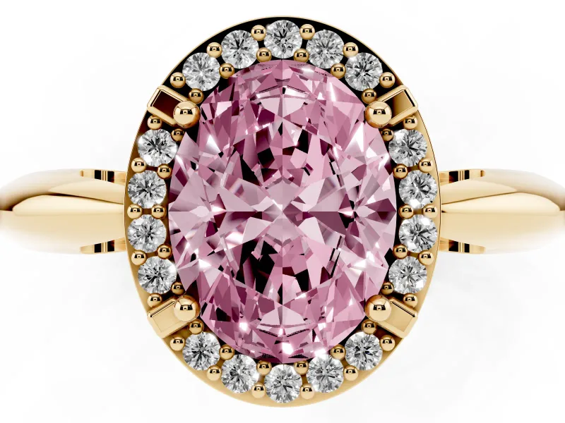 Fancy Pink Oval Cut Diamond Halo Engagement Ring Set in Yellow gold with Plain Split Shank and Prong Setting