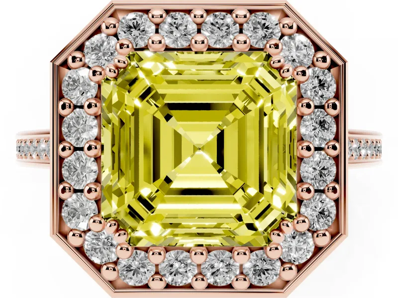 Asscher Cut Halo Engagement Ring Setting for a Fancy Yellow Lab-Grown Diamond | Polished Halo Rim | Rose Gold