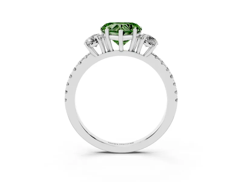 Fancy Green Heart Cut Diamond Three-Stone Ring Set in White gold with Pavé Band and Graduated Sides
