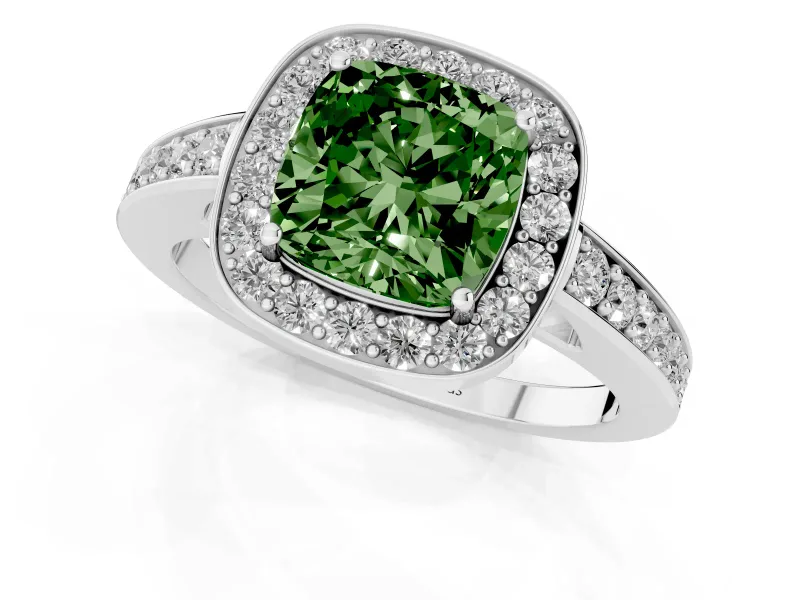 Cushion Cut Framed Halo Engagement Ring Setting for a Fancy Green Lab-Grown Diamond | Platinum