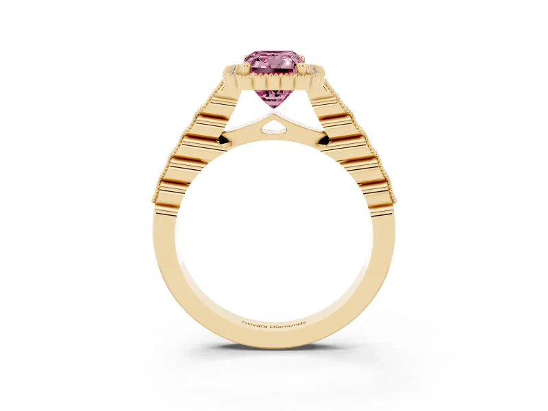 Radiant Cut Milgrain Halo Engagement Ring Setting for a Fancy Pink Lab-Grown Diamond | Beaded Shoulders | Yellow Gold