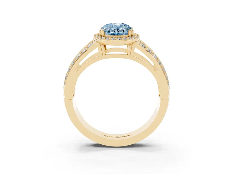 Fancy Blue Oval Cut Diamond Halo Ring Set in Yellow gold with Double Pavé Split Shank