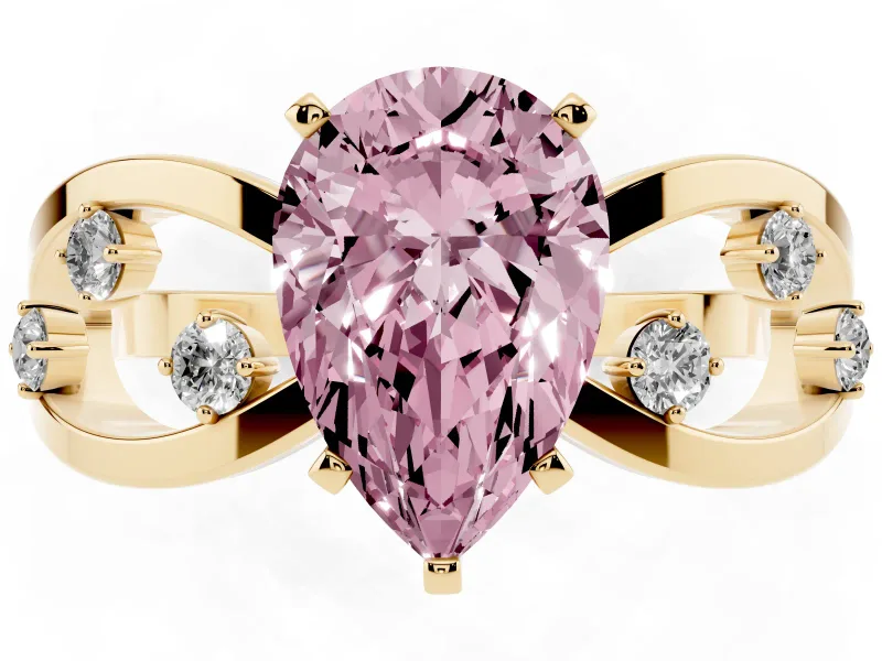 Fancy Pink Pear Cut Diamond Solitaire Ring Set in Yellow gold with Side Stones on Criss-Cross Band and Prong Setting