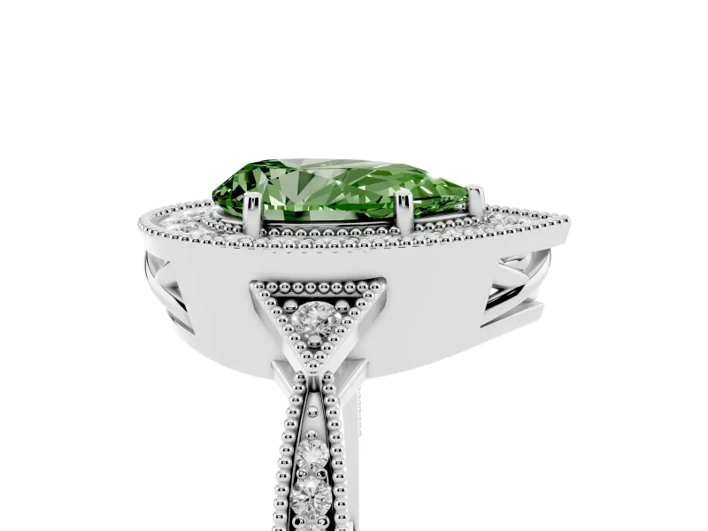 Fancy Green Pear Cut Diamond Halo Engagement Ring Set in White gold with Milgrain Pavé Band