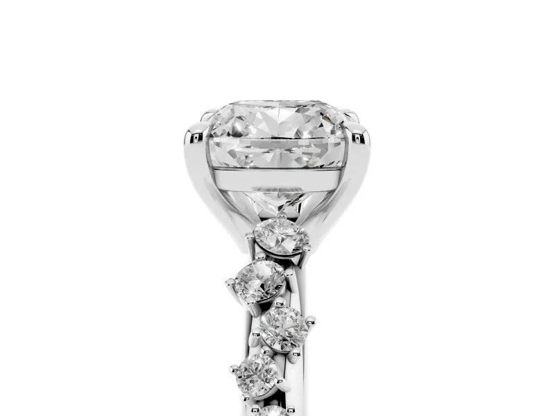 Cushion Cut Diamond Solitaire Vine Band Ring Set in White gold with Round Accents and Prong Setting