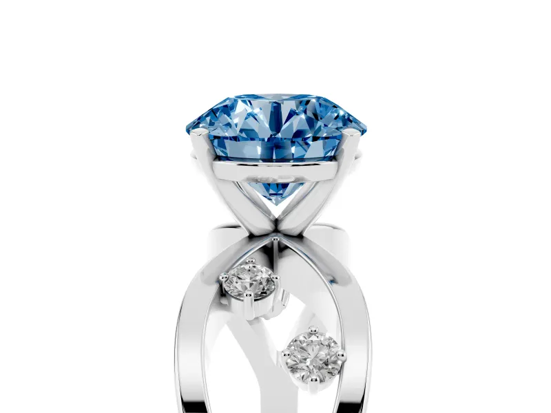 Fancy Blue Round Cut Diamond Solitaire Ring Set in Silver with Side Stones on Criss-Cross Band and Prong Setting