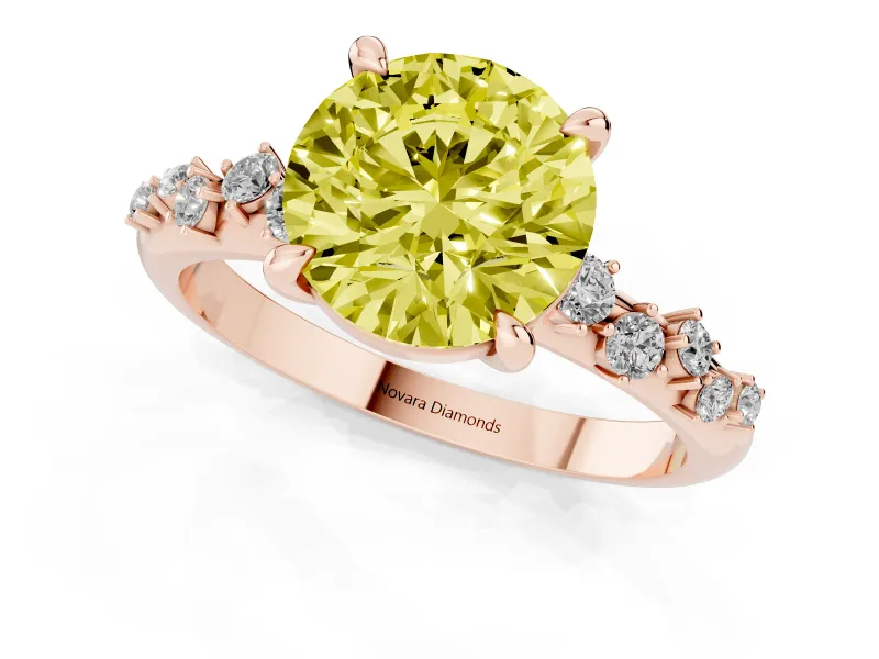 Fancy Yellow Round Cut Diamond Solitaire Vine Band Ring Set in Rose gold with Round Accents and Prong Setting