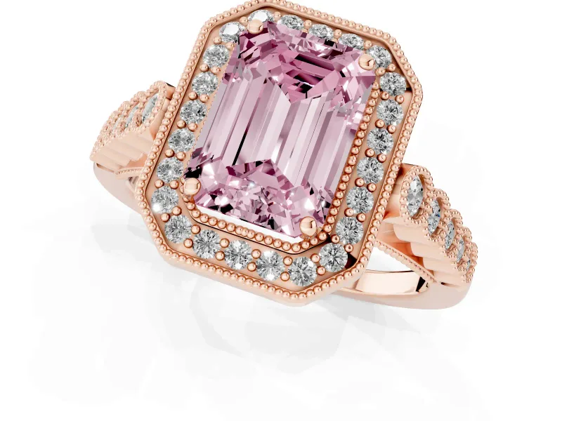Emerald Cut Graduated Milgrain Halo Engagement Ring Setting for a Fancy Pink Lab-Grown Diamond | Rose Gold