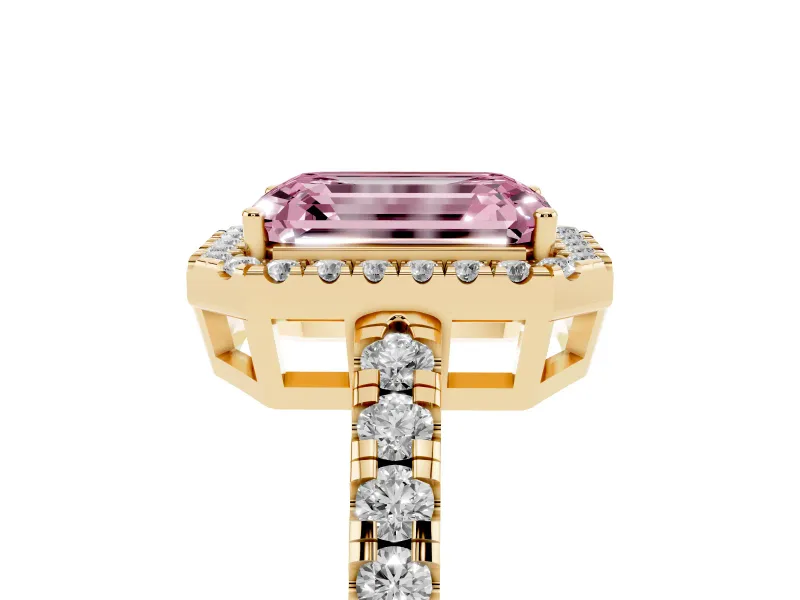 Fancy Pink Emerald Cut Diamond Halo Ring Set in Yellow gold with Delicate Pavé Band and Prong Setting