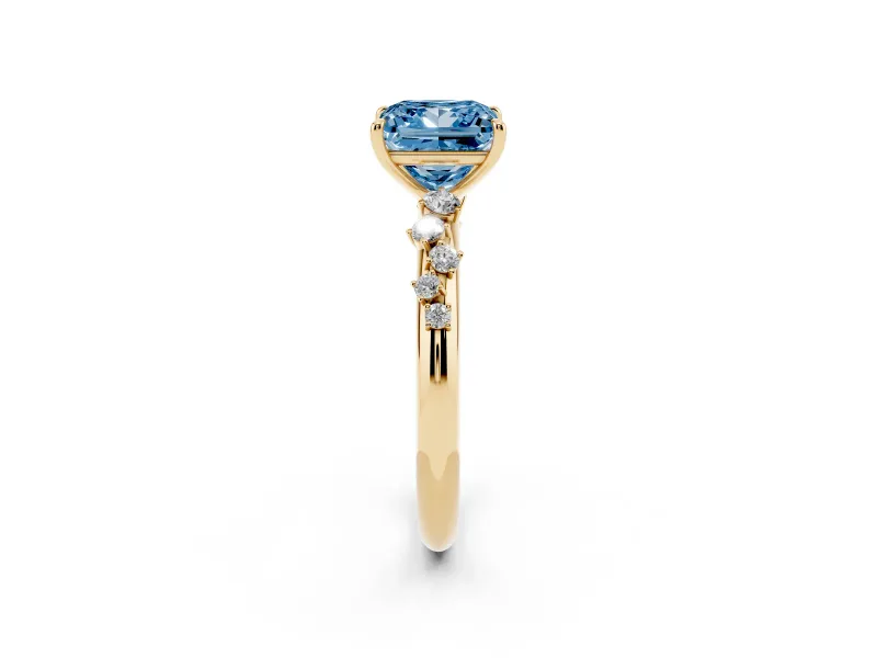 Fancy Blue Princess Cut Diamond Cluster Solitaire Ring Set in Yellow gold with Prong Setting
