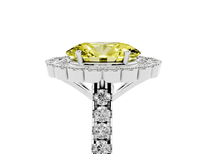 Oval Milgrain Floral Halo Engagement Ring Setting for a Fancy Yellow Lab-Grown Diamond | Pavé Band | Sterling Silver