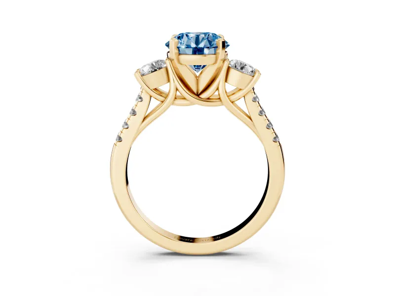Fancy Blue Three-Stone Round Cut Diamond Pavé Band Ring Set in Yellow gold with Prong-Set Trio