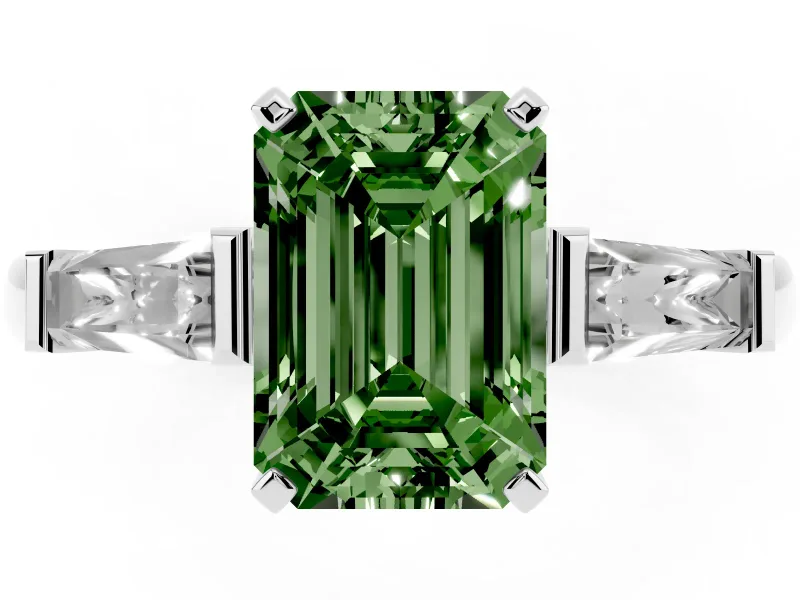 Emerald Cut Baguette Engagement Ring Setting for a Fancy Green Lab-Grown Diamond | Tapered Side Stones | Sterling Silver