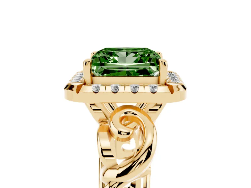 Fancy Green Princess Cut Diamond Halo Ring Set in Yellow gold with Scrollwork Band and Prong Setting