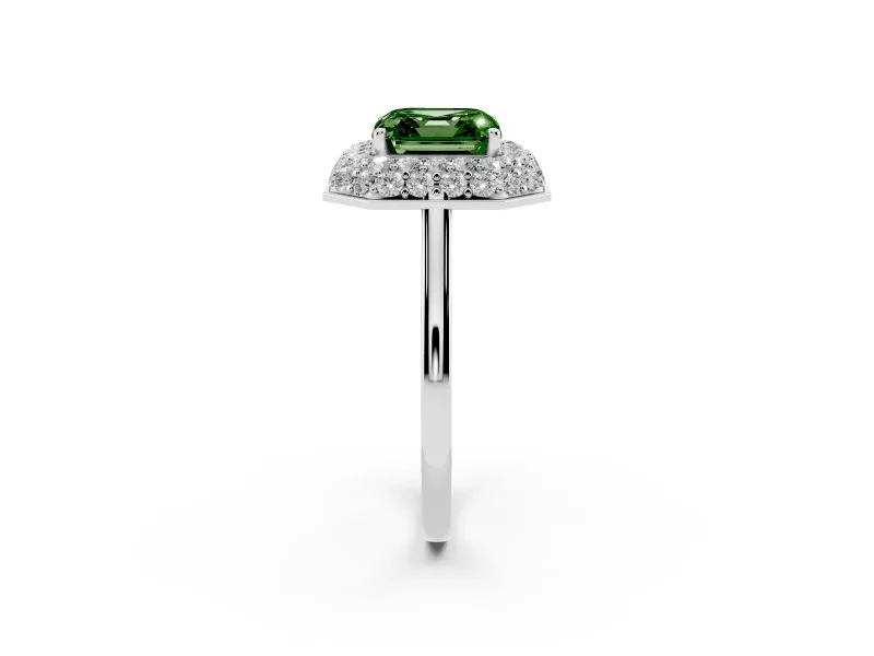 Fancy Green Asscher Cut Diamond Halo Engagement Ring Set in Platinum with Solitaire Band and Prong Setting