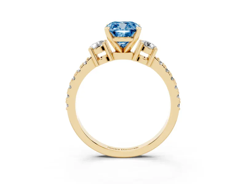 Fancy Blue Three-Stone Cushion Cut Diamond Pavé Band Ring Set in Yellow gold with Prong Setting
