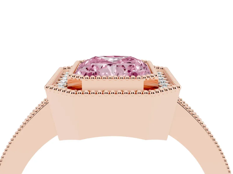 Fancy Pink Radiant Cut Diamond Halo Engagement Ring Set in Rose gold with Pavé Band and Round Halo Stones