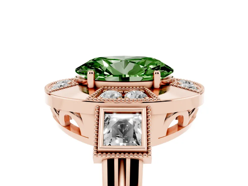 Fancy Green Oval Cut Diamond Milgrain Halo Ring Set in Rose gold with Split Shank