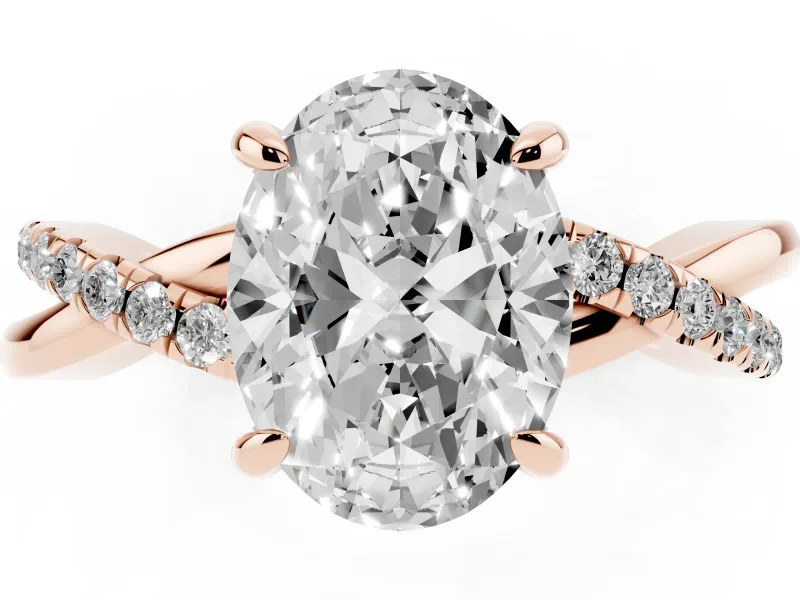 Oval Cut Diamond Twist Band Solitaire Set in Rose gold with Pavé Accents and Prong Setting