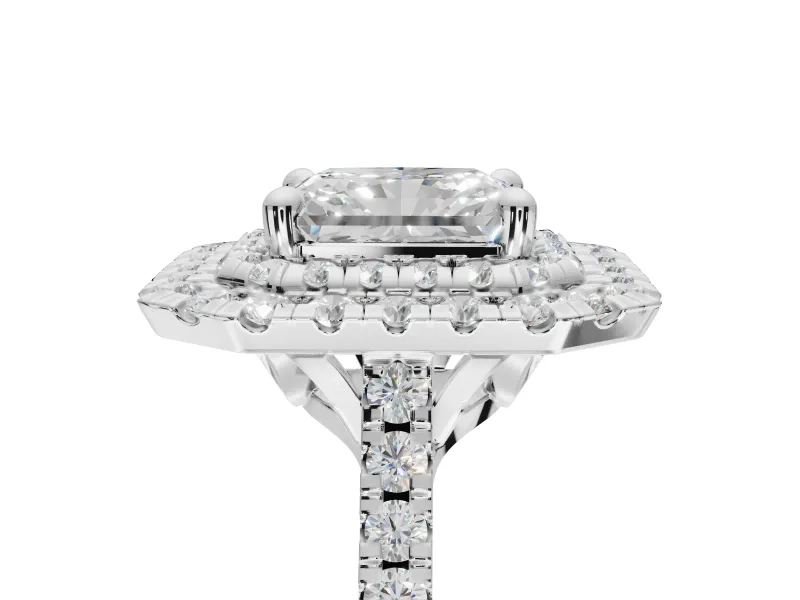 Radiant Cut Lab-Grown Diamond Double Halo Statement Ring Set in White Gold with Pavé Band