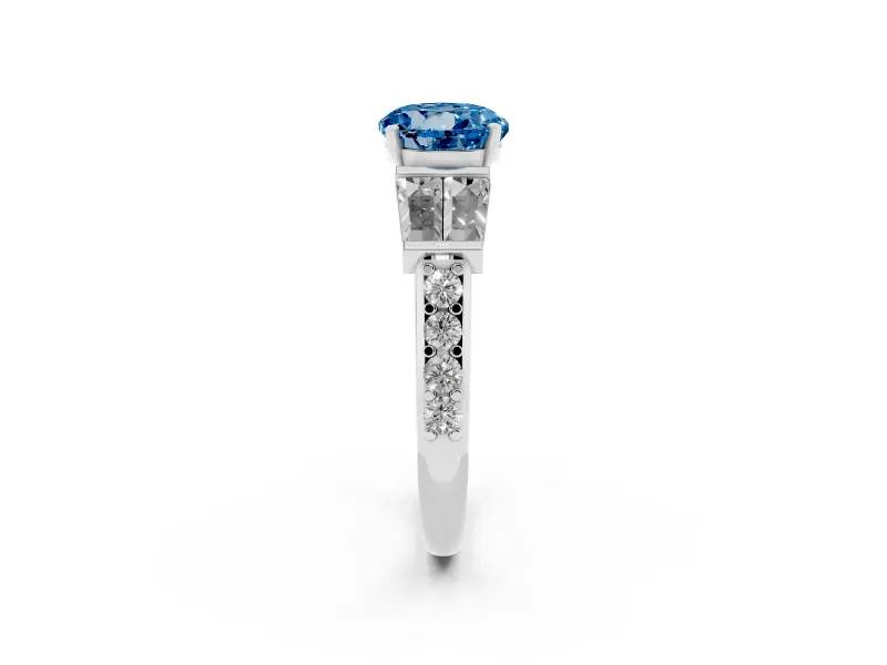 Fancy Blue Round Cut Diamond Engagement Ring Set in Silver with Baguette Side Stones and Channel Set Band