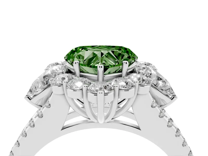 Fancy Green Heart Cut Diamond Halo Split Shank Engagement Ring Set in Silver with Prong-Held Center Stone