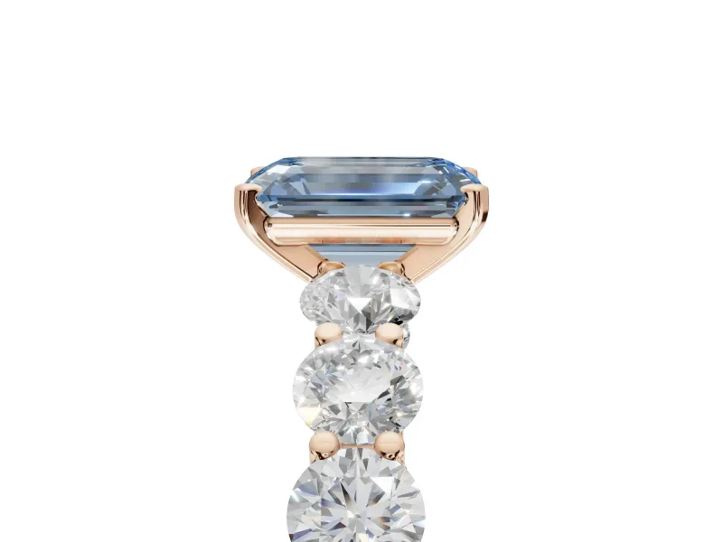 Emerald Cut Side Stone Engagement Ring Setting for a Fancy Blue Lab-Grown Diamond | Scalloped Prong Accents | Rose Gold