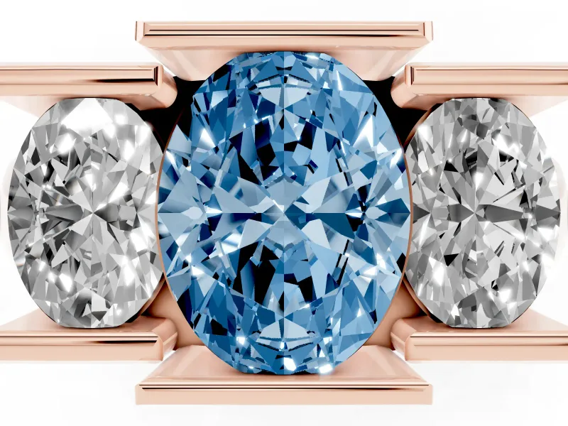 Fancy Blue Oval Cut Diamond Three-Stone Channel Set Ring Set in Rose gold with Smooth Polished Band