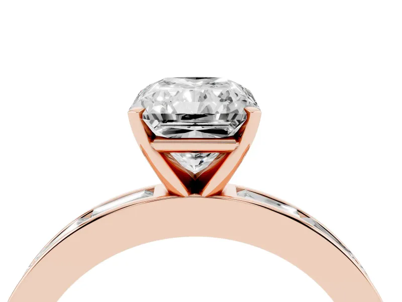 Radiant Cut Channel Set Engagement Ring Setting | Baguette Side Stones | Rose Gold