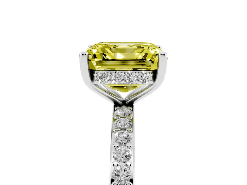 Fancy Yellow Asscher Cut Diamond Pavé Band Ring Set in White gold with Prong-Set Center Stone